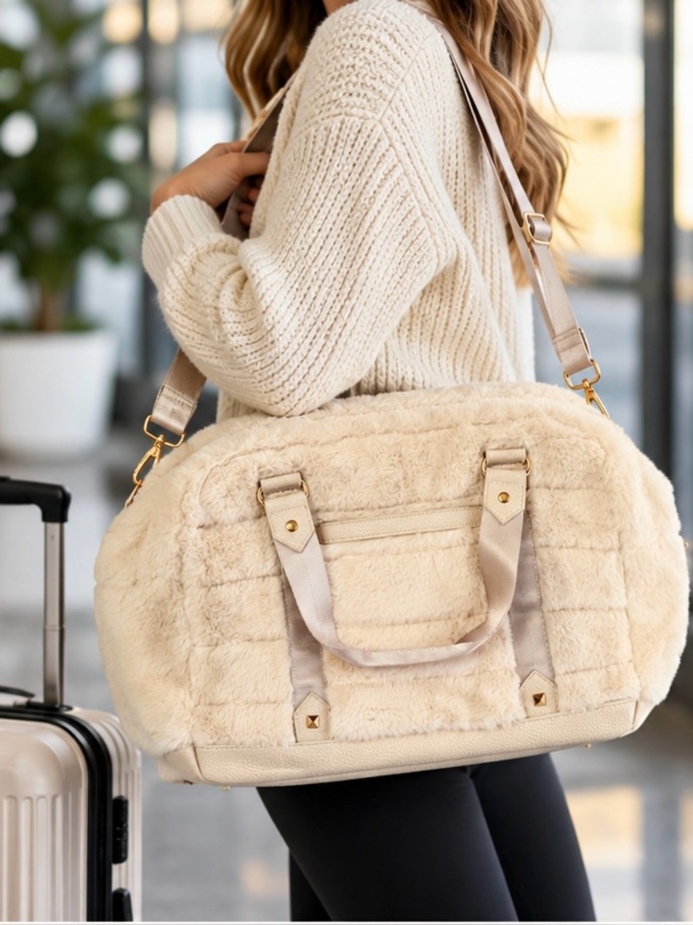 Cynthia Rowley Cream Faux Fur Weekender Duffel Bag Crossbody Travel Tote